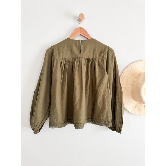 Madewell | NWT  Lace-Insert Pintucked Long-Sleeve Top Faded Ivy | Sz M - Picture 12 of 12